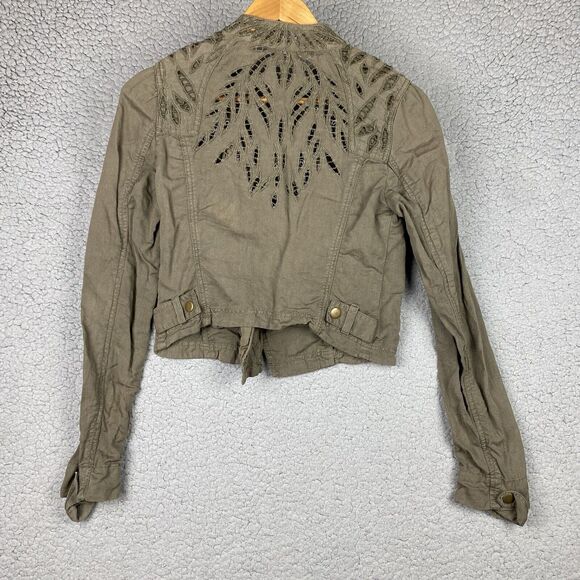 Free People Moto Jacket Olive Green Eyelet Lace Cutout Linen Cotton Full Zip XS - Picture 6 of 14
